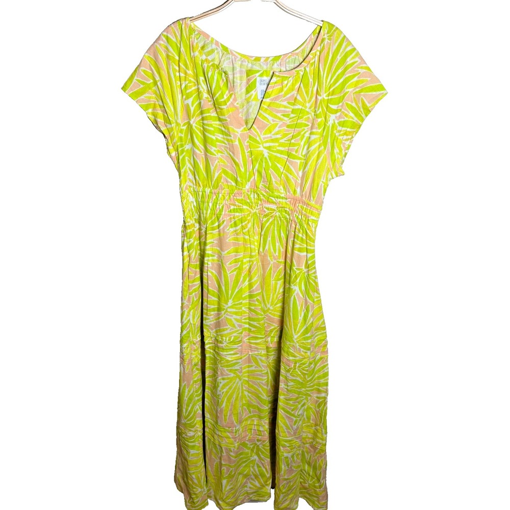 Sigrid Olsen Tropical Linen Maxi Dress Neon Yellow Sz Medium Coastal Pockets